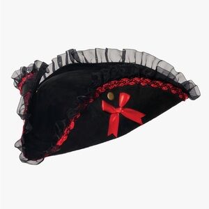 Black tri-corner lace Pirate Hat with Red Ribbon bows